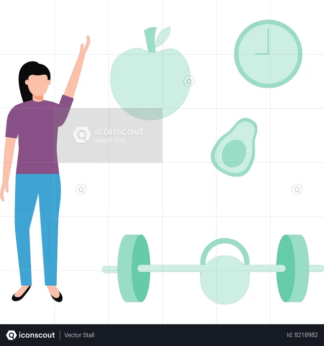 Girl is standing near gym equipment  Illustration