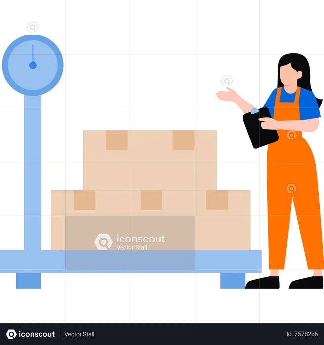 Girl is standing near the logistics weight scale  Illustration
