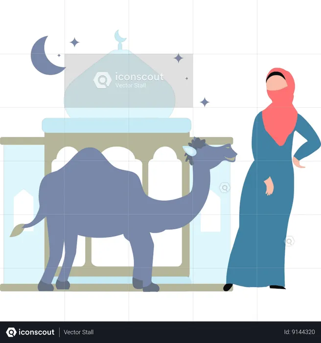 Girl is standing next to a camel  Illustration