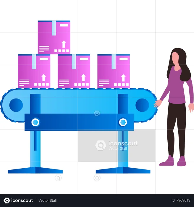 Girl is standing next to a package conveyor  Illustration