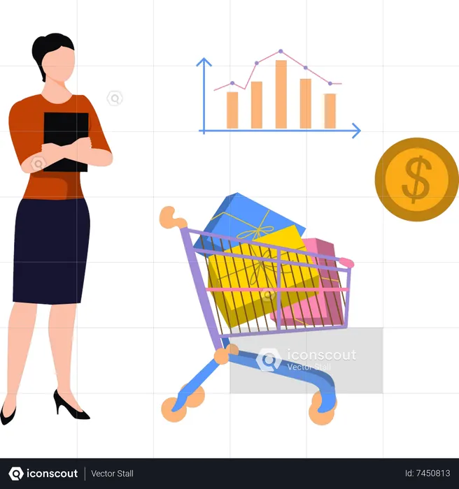 Girl is standing next to shopping trolley  Illustration