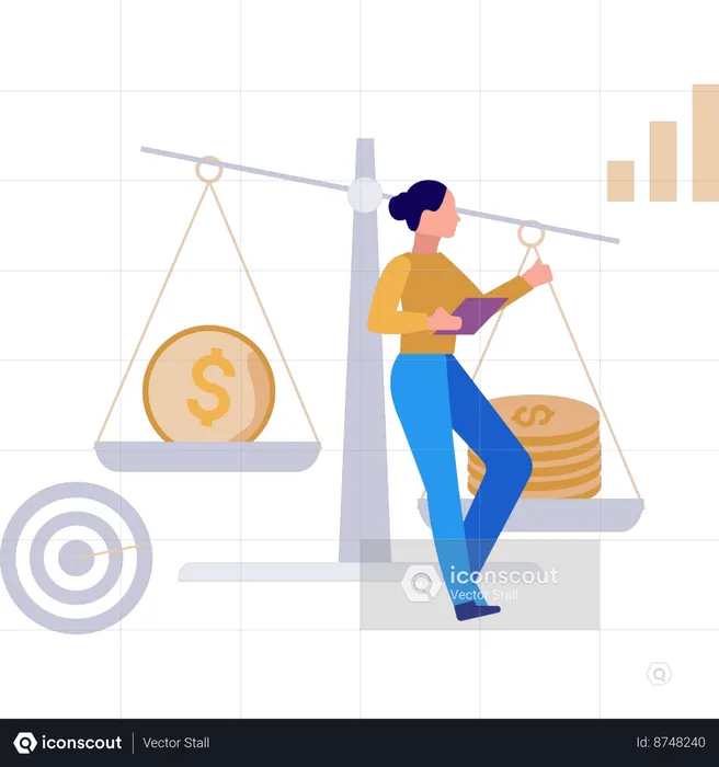 Girl is standing next to the balance scale  Illustration
