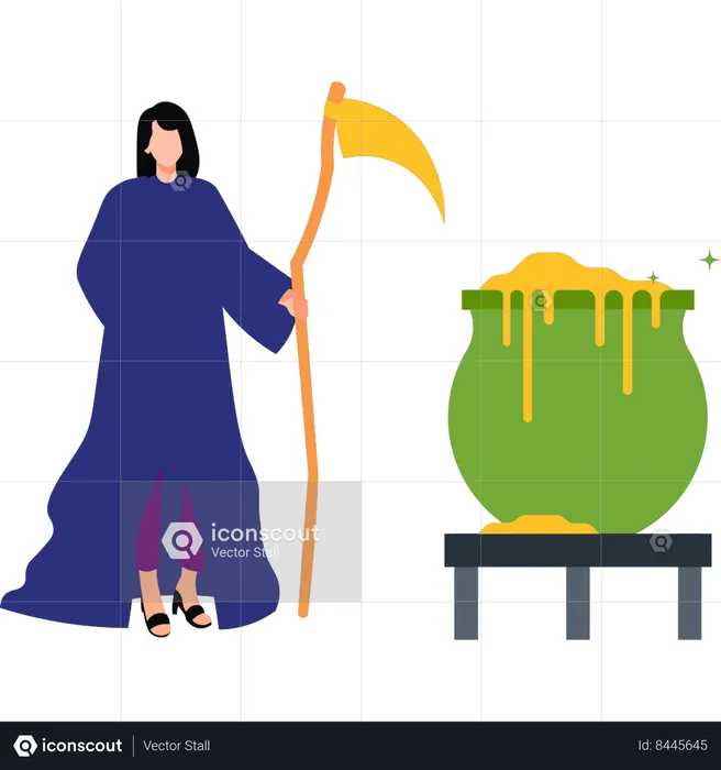 Girl is standing next to the Halloween cauldron  Illustration