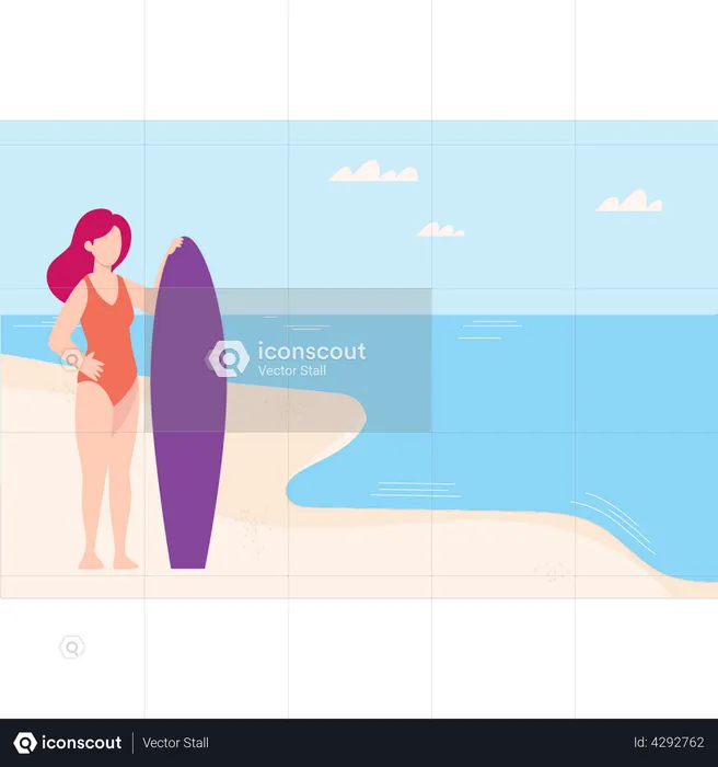 Girl is standing with surf board on beach  Illustration