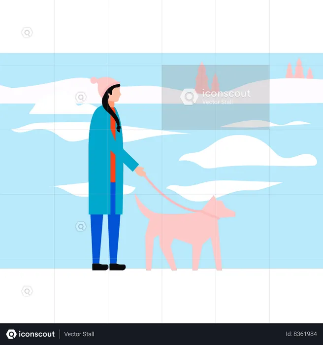 Girl is taking her pet for a walk  Illustration