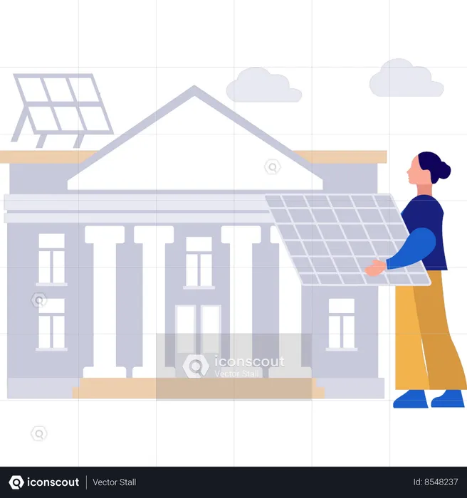 Girl is taking the solar panel to the home  Illustration
