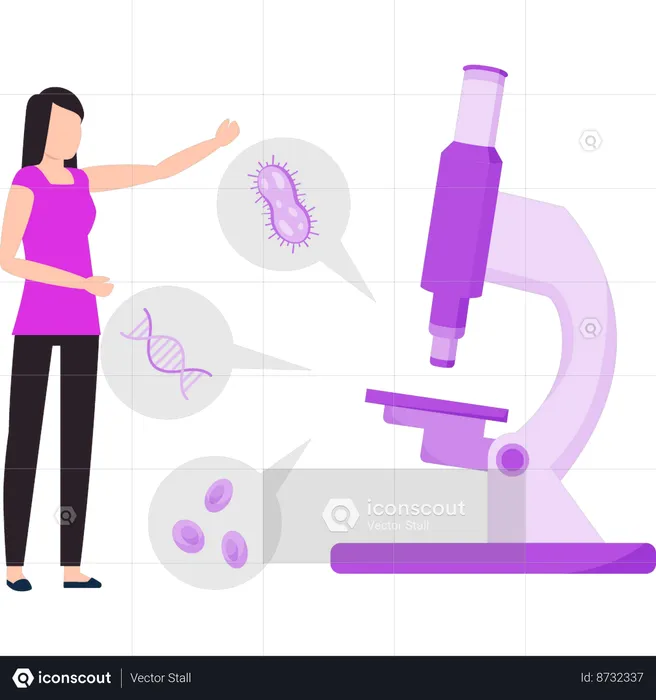 Girl is talking about the germs under the microscope  Illustration