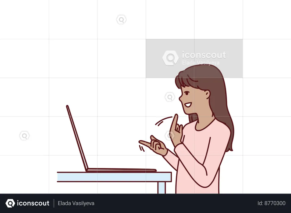 Girl is talking in sign language on laptop  Illustration