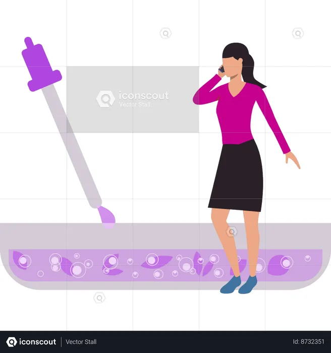 Girl is talking on mobile phone while doing experiment  Illustration