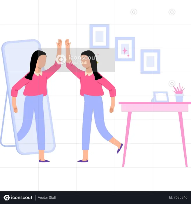 Girl is talking to herself in the mirror  Illustration