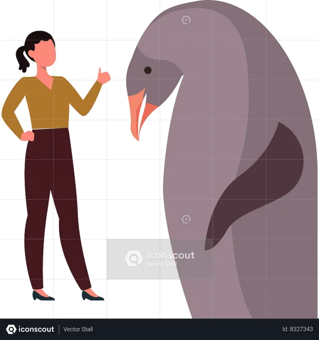 Girl is talking with penguin  Illustration