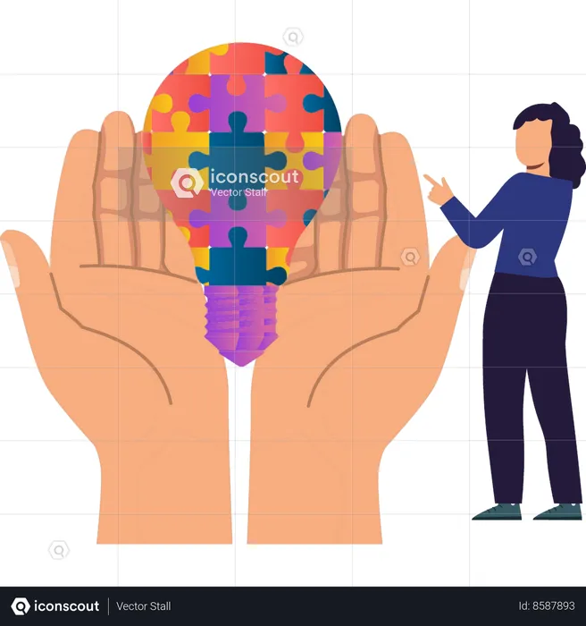 Girl is thinking to solve puzzle bulb for autism awareness  Illustration
