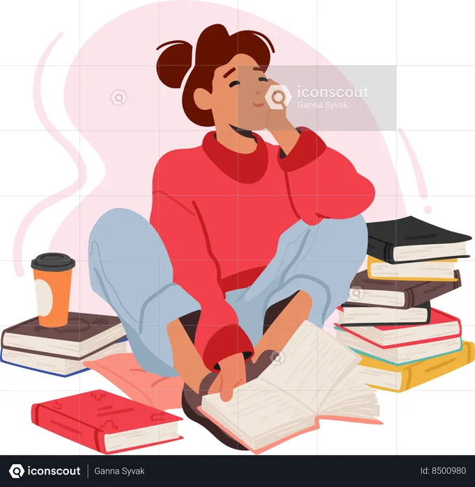 Girl is thinking while reading book  Illustration