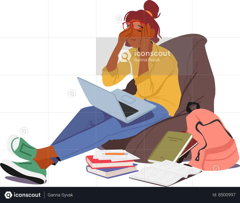 Girl is tired and sitting on bean bag  Illustration