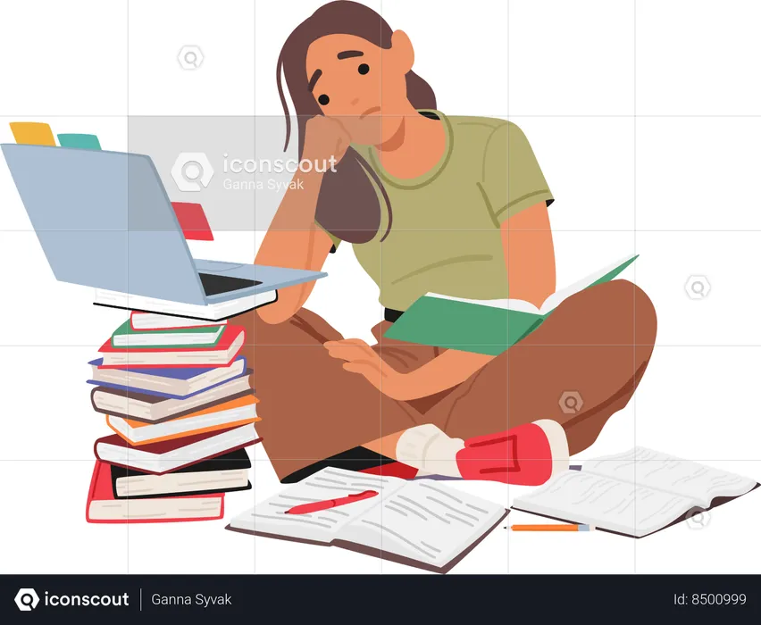 Girl is tired while completing her notebooks  Illustration