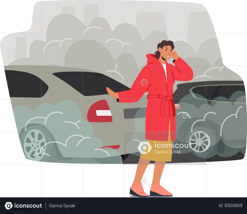 Girl is unable to breathe properly in polluted air  Illustration
