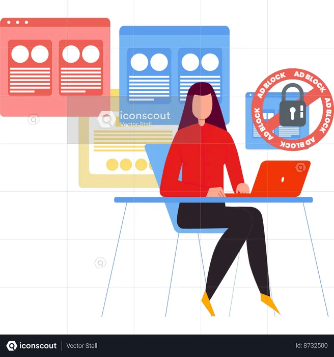 Girl is using laptop for ad block  Illustration