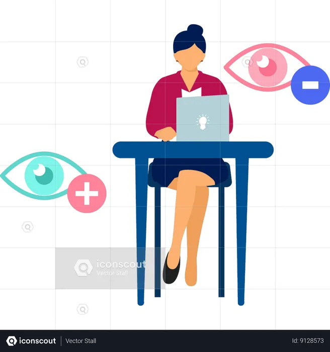 Girl is using laptop for eye sight test  Illustration