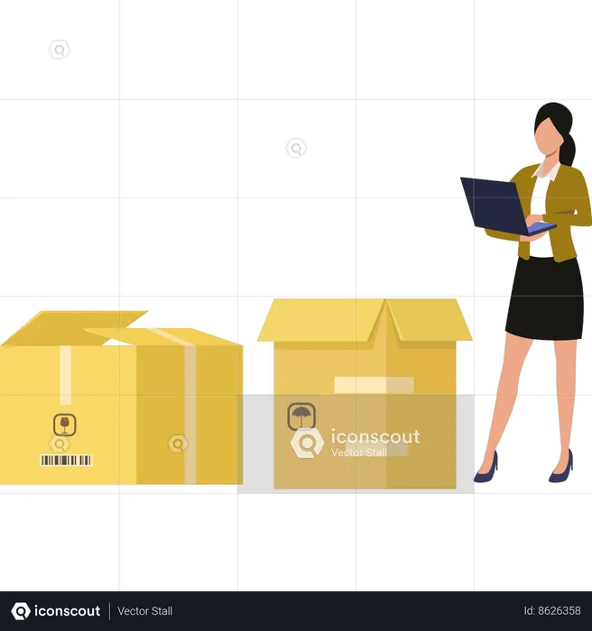 Girl is using laptop next to empty container  Illustration