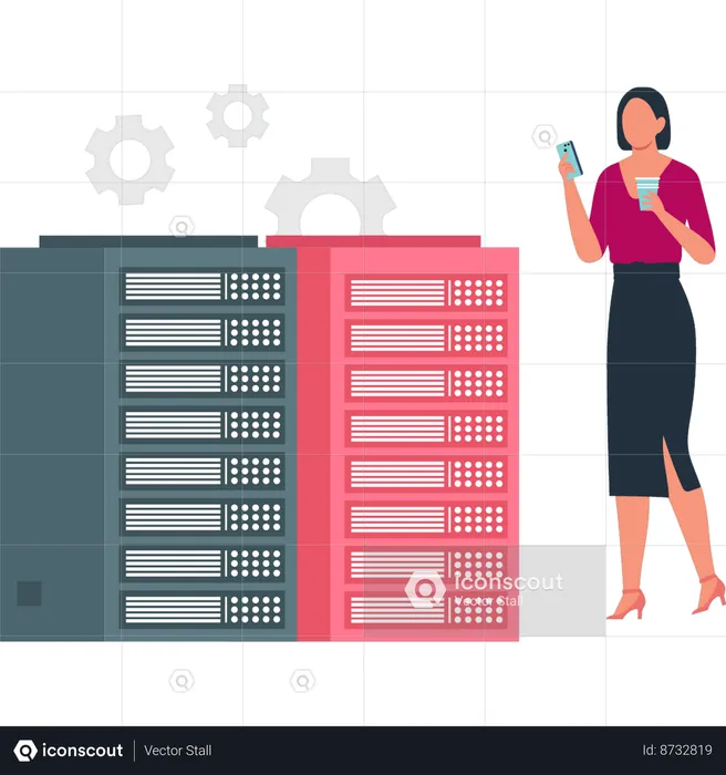 Girl is using mobile near database server  Illustration