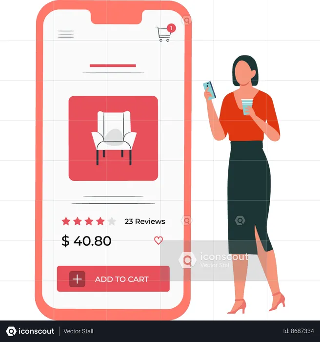 Girl is using mobile phone to buy online sofa  Illustration