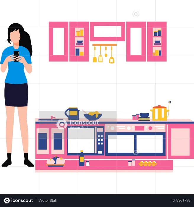 Girl is using phone in kitchen  Illustration