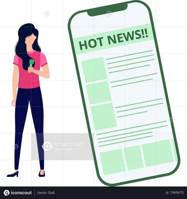 Girl is watching hot news on mobile  Illustration