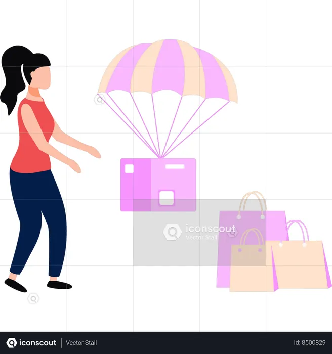 Girl is watching parachute delivery  Illustration