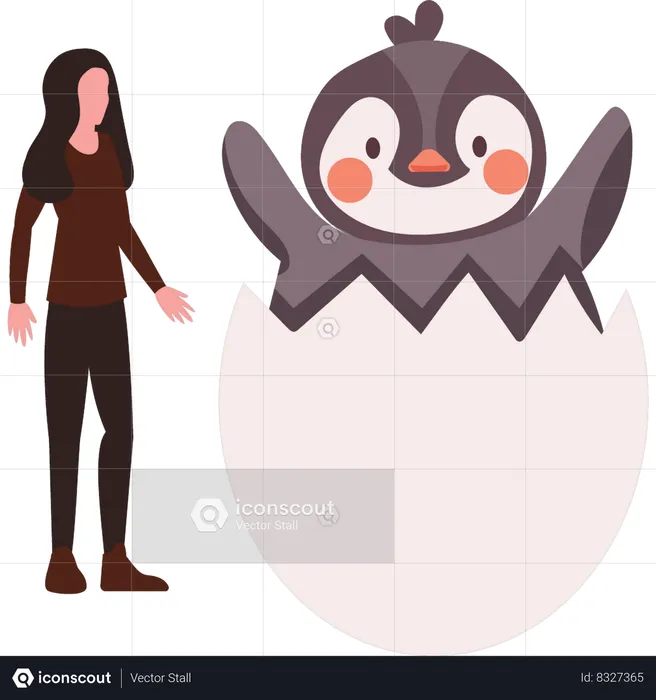 Girl is watching penguin hatched from an egg  Illustration