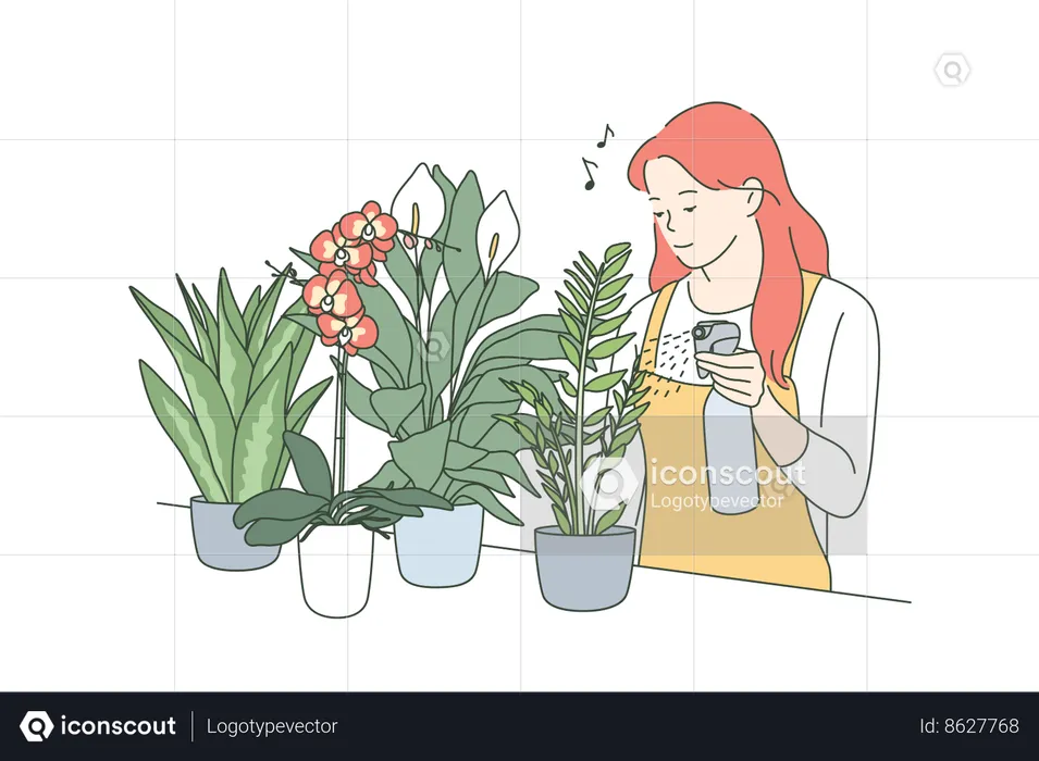 Girl is watering indoor plants  Illustration