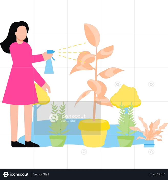 Girl is watering plants with a shower  Illustration