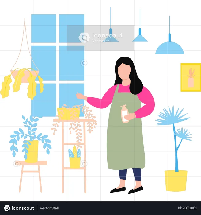 Girl is watering the plants from the shower  Illustration