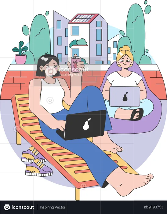 Girl is working on laptop from holidays  Illustration