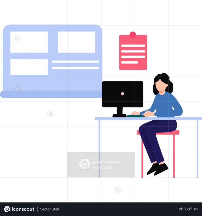 Girl is working on monitor in university  Illustration