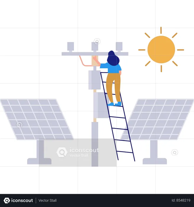 Girl is working on the electric tower by the ladder  Illustration