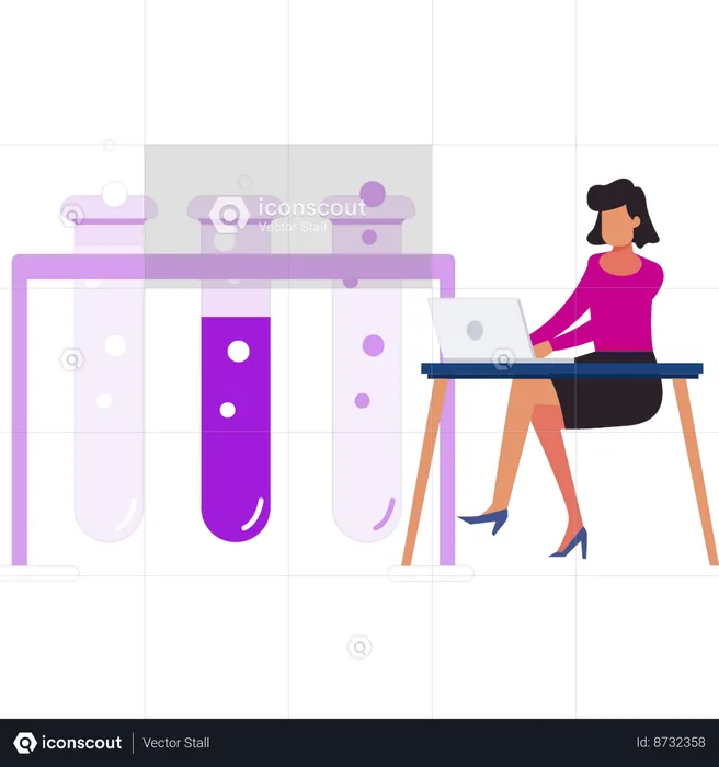 Girl is working on the laptop in the lab  Illustration