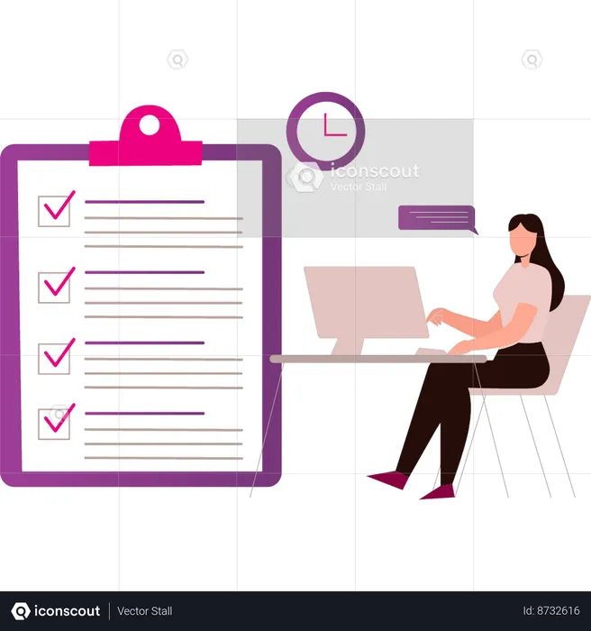 Girl is working on the monitor on the checklist  Illustration