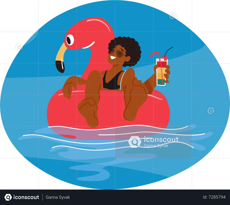 Girl Joyfully Swims In Inflatable Ring with Cocktail  Illustration