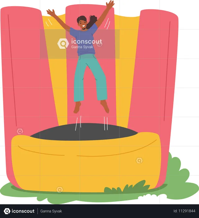 Girl Jumps On Trampoline At Amusement Park  Illustration