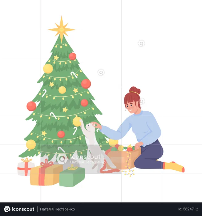 Girl keeping cat away from messing with Christmas tree  Illustration