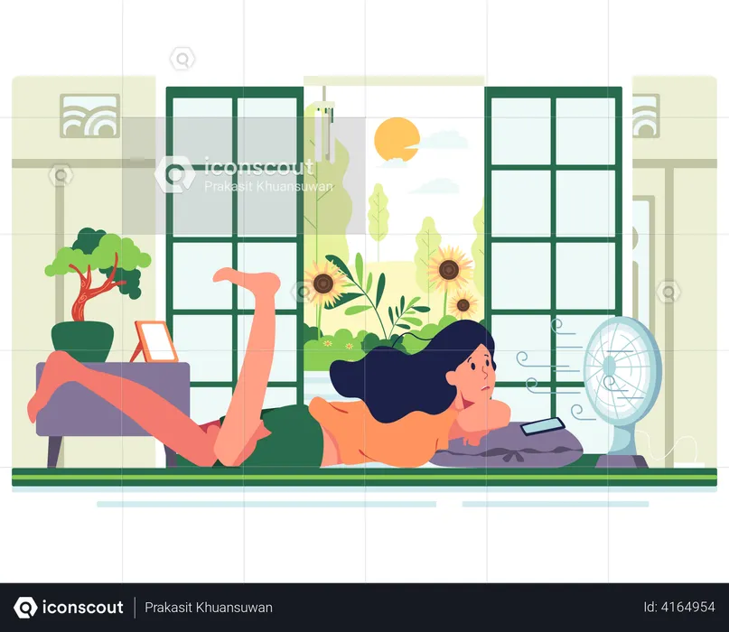 Girl lay down front of the fan  Illustration