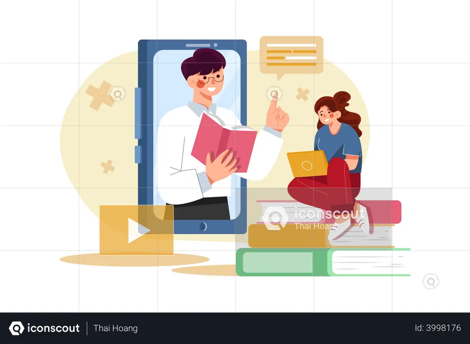 Girl learning from online education class  Illustration