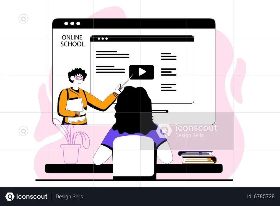 Girl learning from online school  Illustration