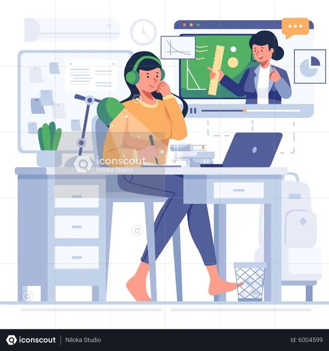 Girl learning geometry from online class  Illustration