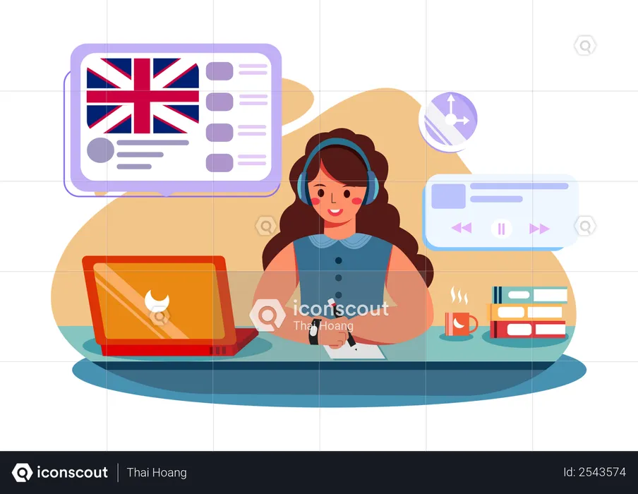 Girl learning language in online class  Illustration