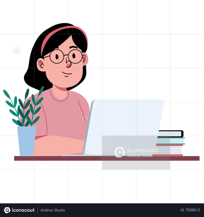 Girl Learning on Laptop  Illustration