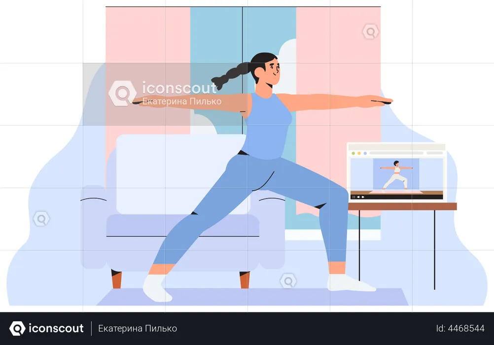 Girl learning yoga watching video on laptop at home  Illustration
