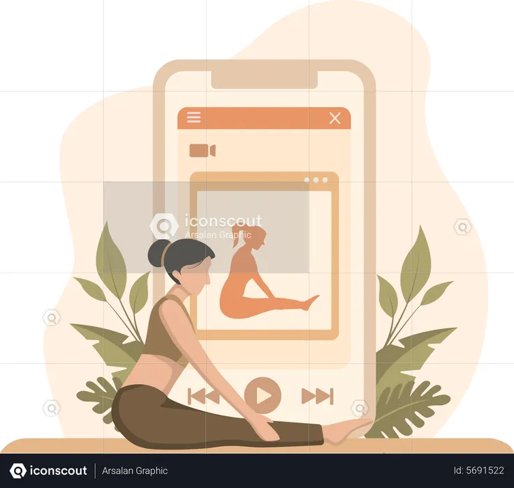 Girl learning yoga watching video on Mobile  Illustration