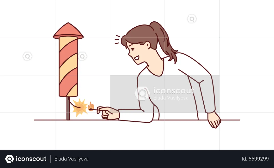 Girl lighting rocket firecracker  Illustration