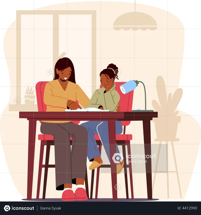 Girl Listen Mother Help Daughter with Homework  Illustration
